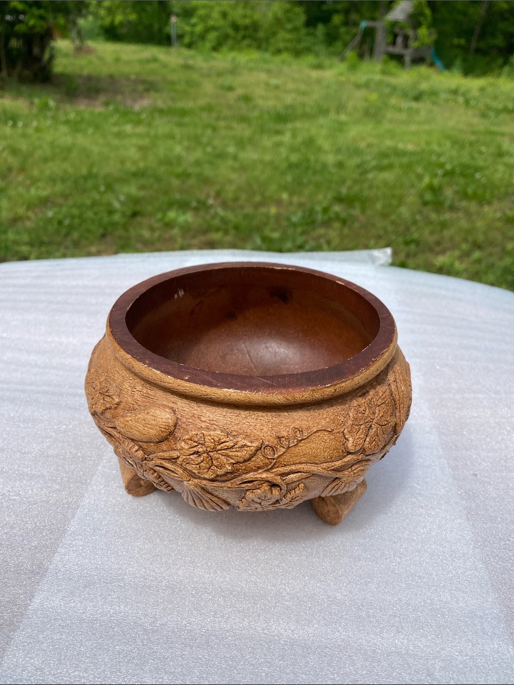 Carved Wooden Footed Bowl - Tan and Brown
